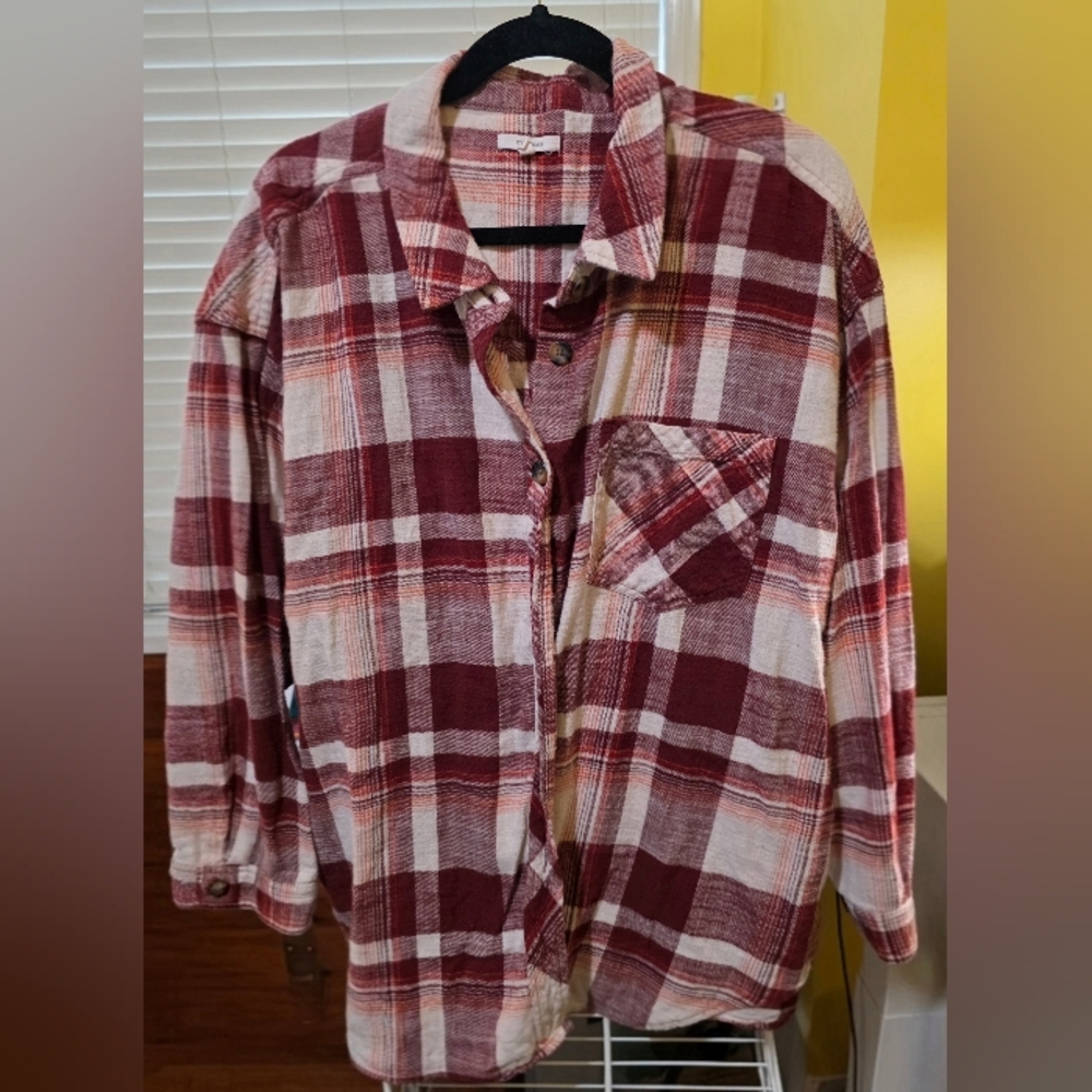 Maurices Burgundy and Cream Plaid Shirt